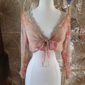 VTG Y2K Silk Translucent Orange Floral Wrap Top Size Small